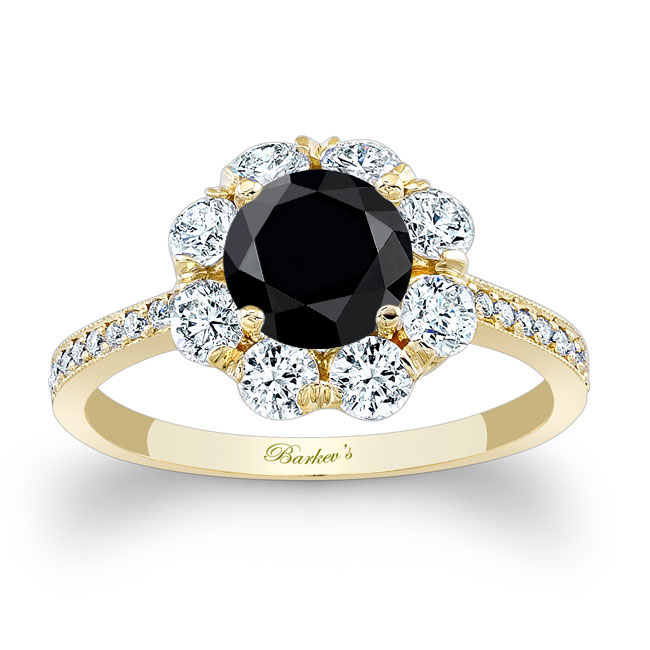 Yellow Gold Flower Halo Black And White Diamond Engagement Ring