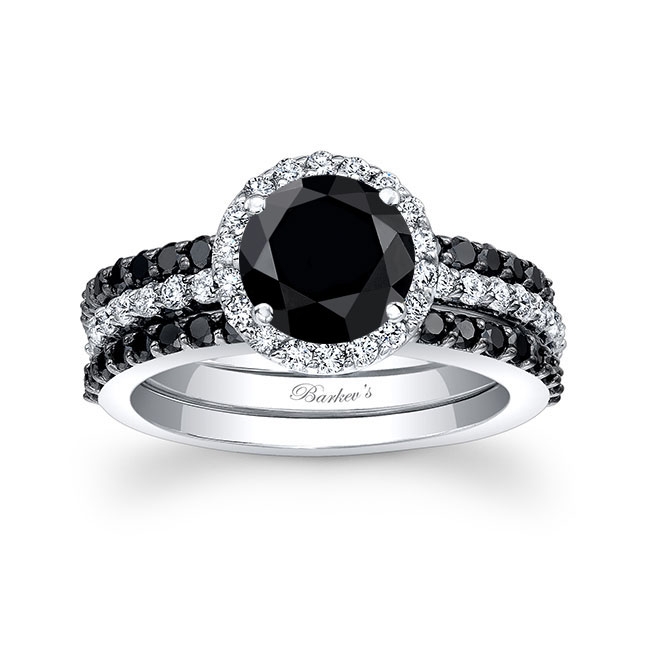 3 Piece Black Diamond Halo Wedding Ring Set