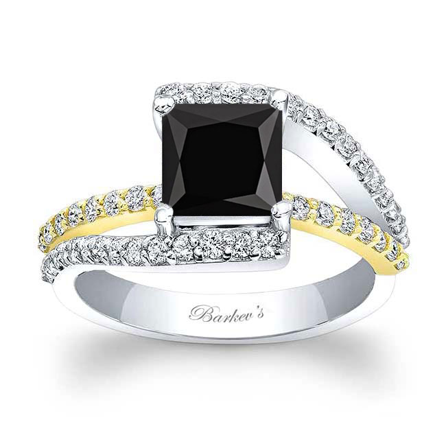 White Yellow Gold Split Shank Princess Cut Black And White Diamond Ring