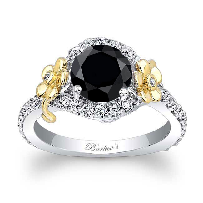 White Yellow Gold Black And White Diamond Flower Engagement Ring