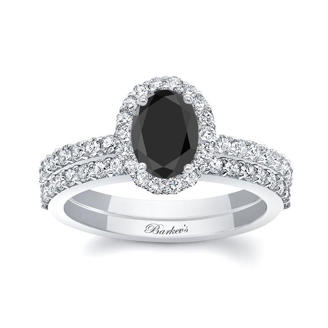 Oval Black And White Diamond Halo Wedding Set