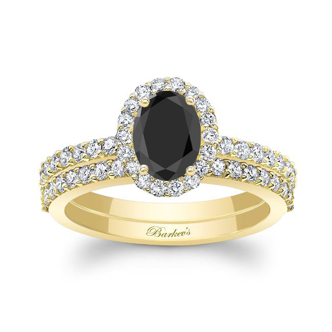 Yellow Gold Oval Black And White Diamond Halo Wedding Set