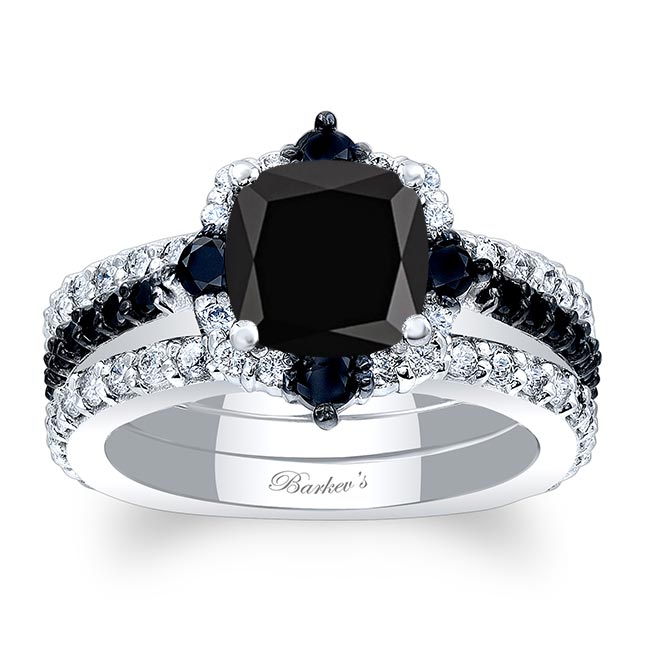 Halo Cushion Cut Black Diamond wedding Ring Set With 2 Bands