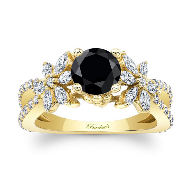 Yellow Gold Black And White Diamond Flower Ring