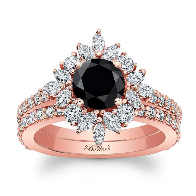 Rose Gold Marquise Halo Black And White Diamond Wedding Set