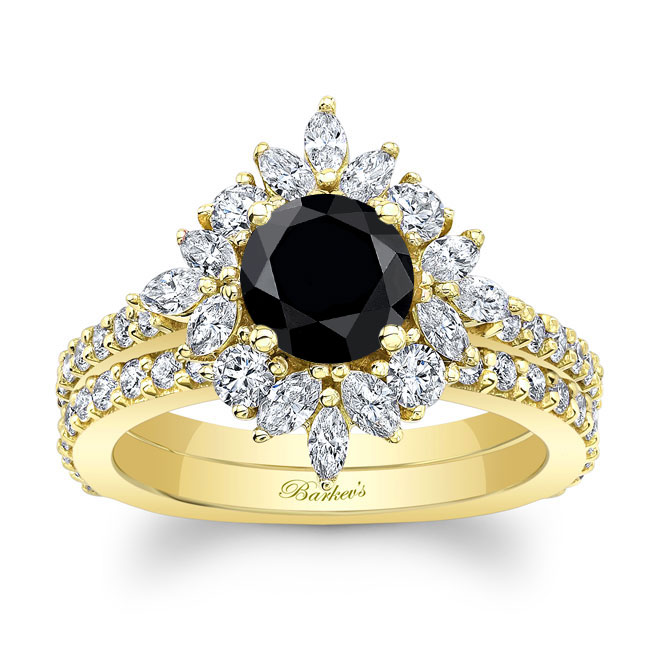 Yellow Gold Marquise Halo Black And White Diamond Wedding Set