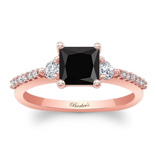 Rose Gold Black And White Diamond 3 Stone Princess Cut Engagement Ring