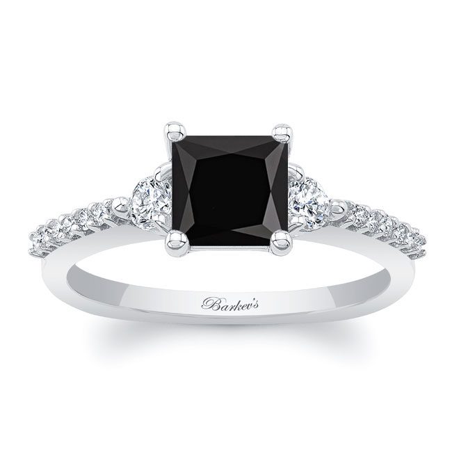 Black And White Diamond 3 Stone Princess Cut Engagement Ring