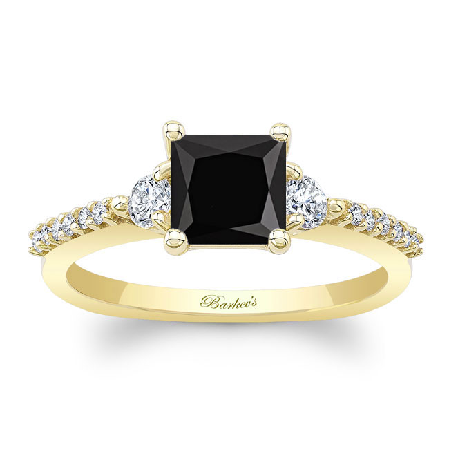 Yellow Gold Black And White Diamond 3 Stone Princess Cut Engagement Ring