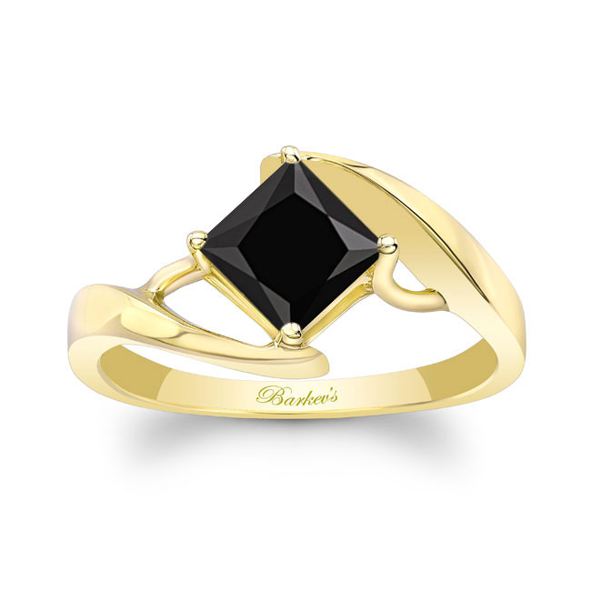 Yellow Gold Bypass Princess Cut Black And White Diamond Solitaire Ring