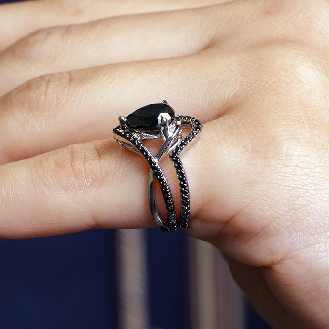 Unique Pear Shaped Black Diamond Wedding Set Image 4