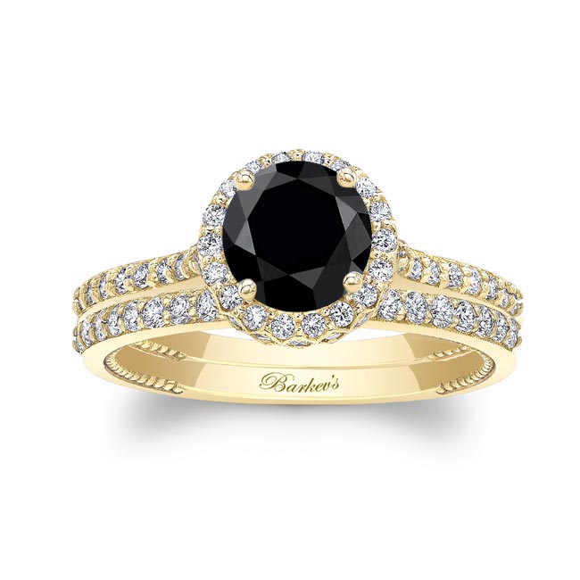 Yellow Gold Round Halo Black And White Diamond Wedding Set