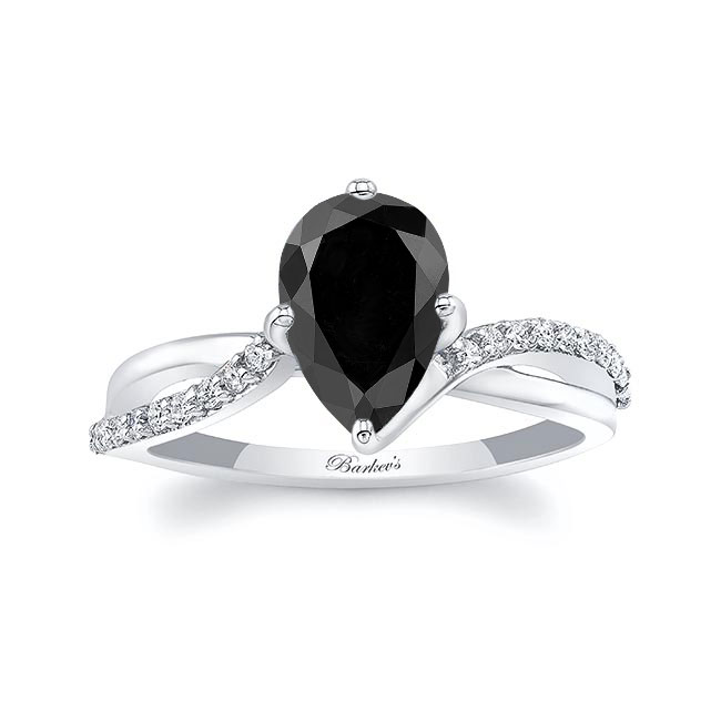 White Gold Pear Shaped Black And White Diamond Ring With Twisted Band