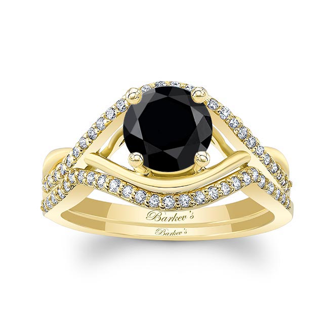 Yellow Gold Black And White Diamond Criss Cross Ring Set