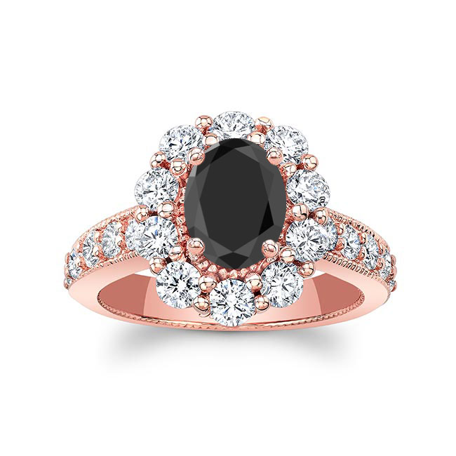 Rose Gold Oval Halo Black And White Diamond Ring