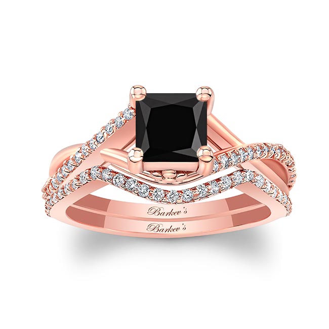 Rose Gold One Carat Princess Cut Black And White Diamond Bridal Set