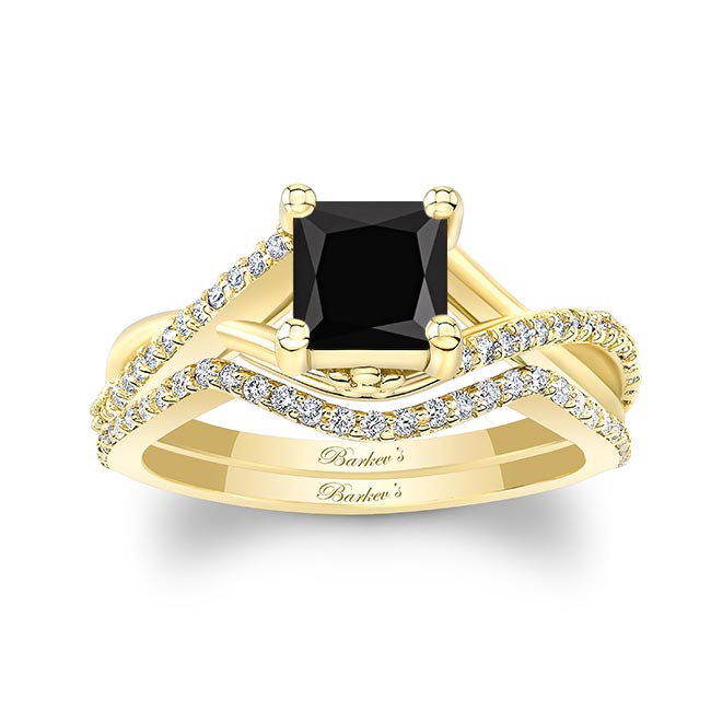 Yellow Gold One Carat Princess Cut Black And White Diamond Bridal Set