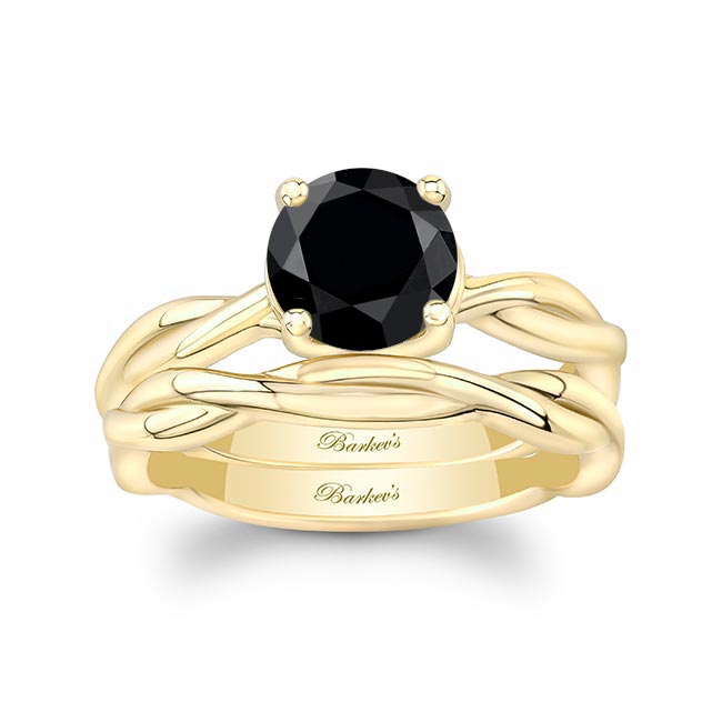 Yellow Gold Black Diamond Twist Solitaire Bridal Set