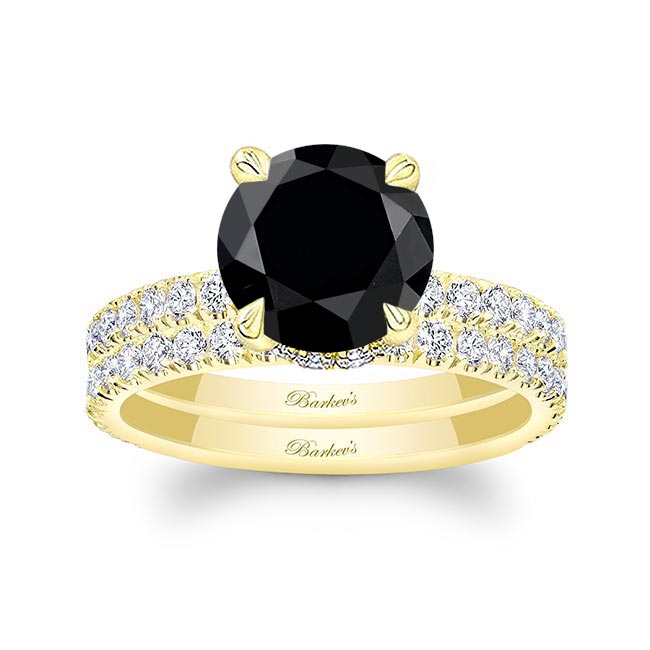 Yellow Gold 3 Carat Black And White Diamond Halo Wedding Set