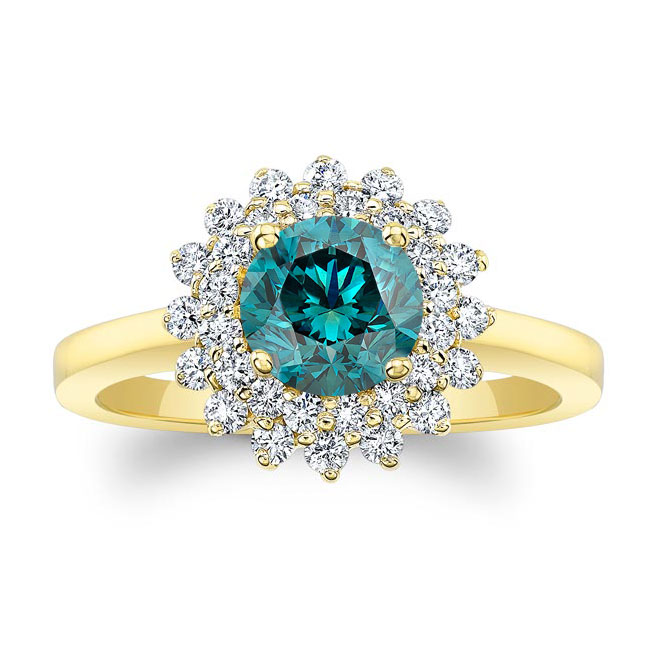 Yellow Gold Starburst Blue And White Diamond Ring