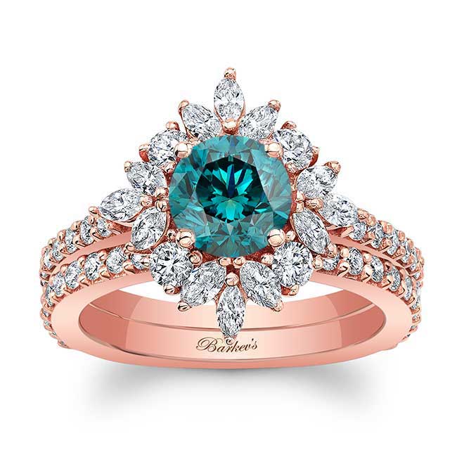 Rose Gold Marquise Halo Blue And White Diamond Wedding Set