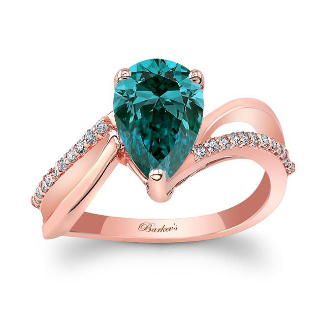 Rose Gold Split Shank Pear Blue And White Diamond Ring