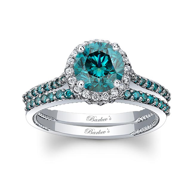 Round Halo Blue Diamond Wedding Set