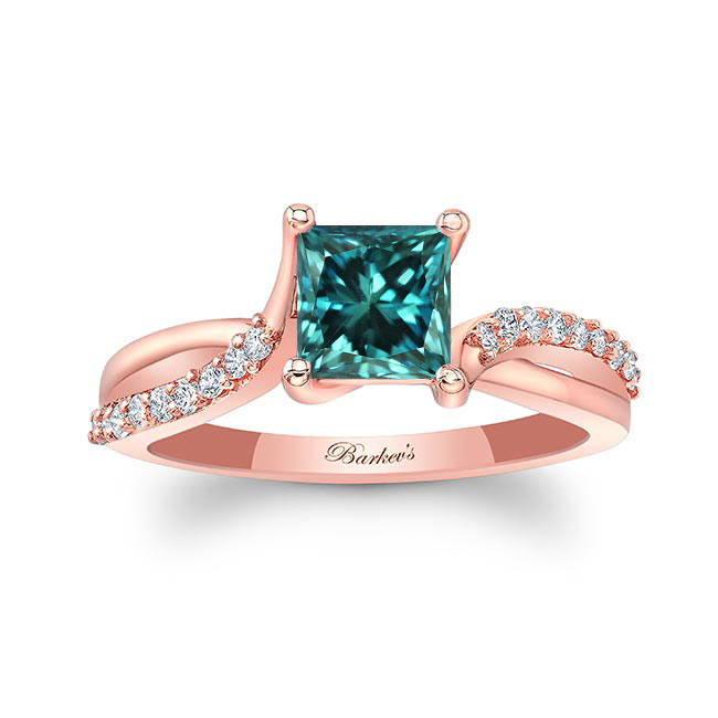 Rose Gold Princess Cut Blue And White Diamond Ring