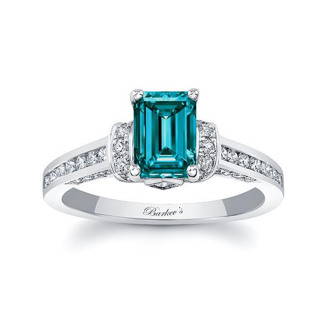 Emerald Cut Blue And White Diamond Ring