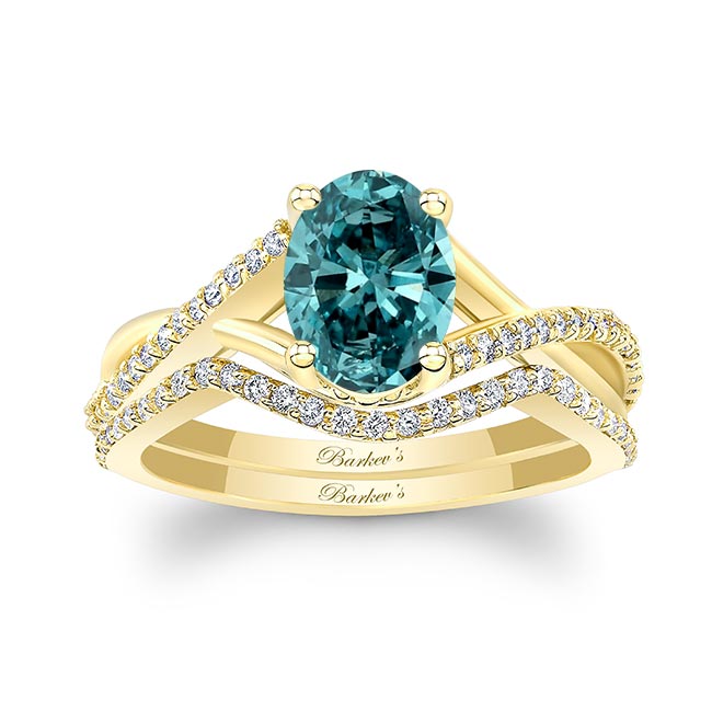 Yellow Gold One Carat Oval Blue And White Diamond Bridal Set