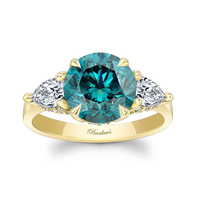 Yellow Gold 3 Carat Round Blue And White Diamond Ring