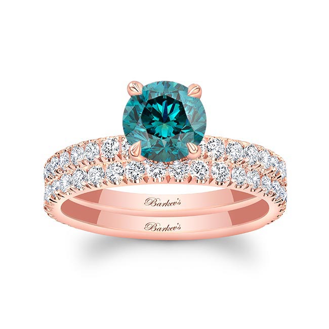 Rose Gold Blue And White Diamond Halo Wedding Set