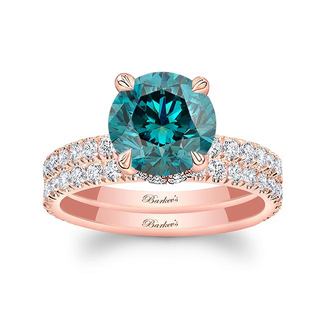 Rose Gold 3 Carat Blue And White Diamond Halo Wedding Set