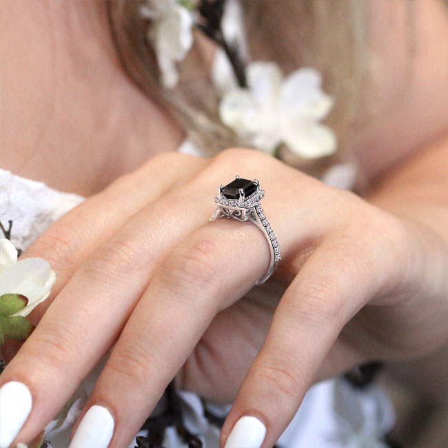 White Gold Radiant Cut Black And White Diamond Halo Ring Image 4