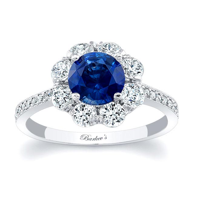 Flower Halo Blue Sapphire And Diamond Engagement Ring