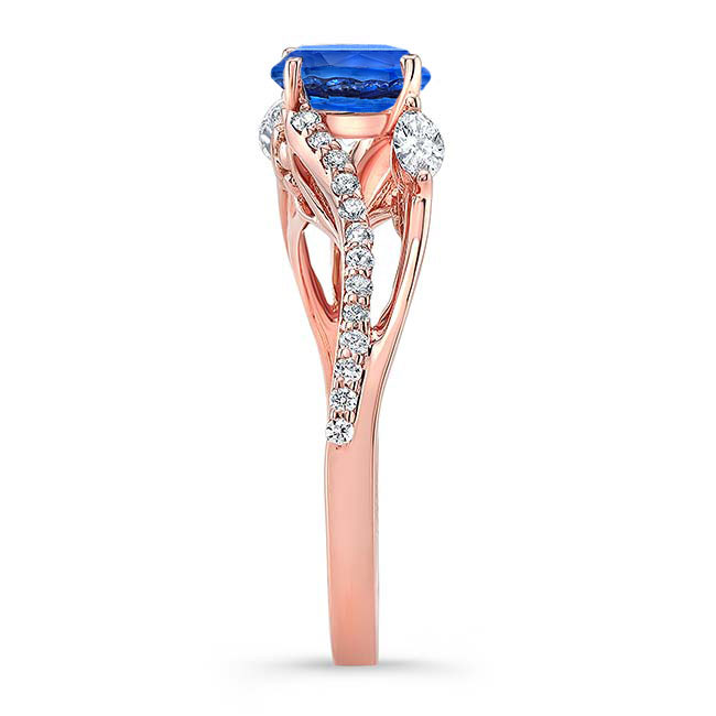 Rose Gold Curved Split Shank Blue Sapphire And Diamond Ring Image 3