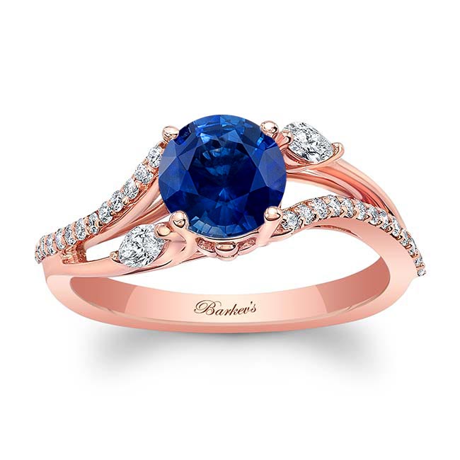 Rose Gold Curved Split Shank Blue Sapphire And Diamond Ring