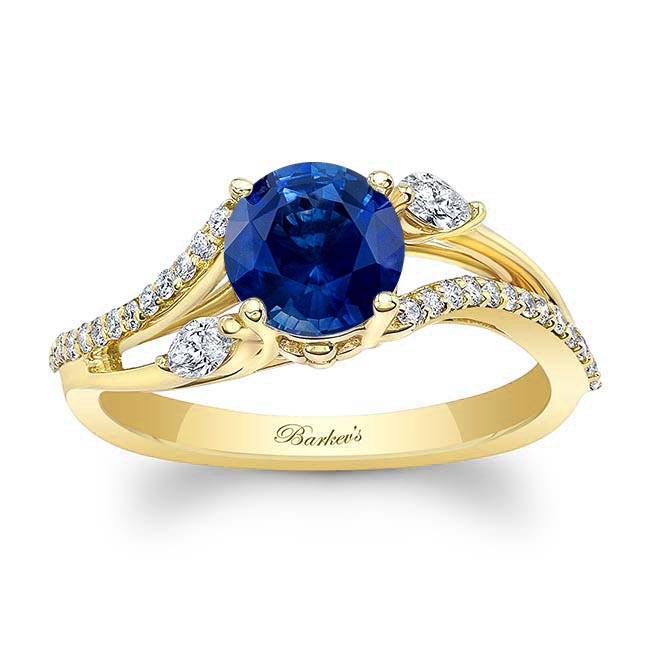 Yellow Gold Curved Split Shank Blue Sapphire And Diamond Ring