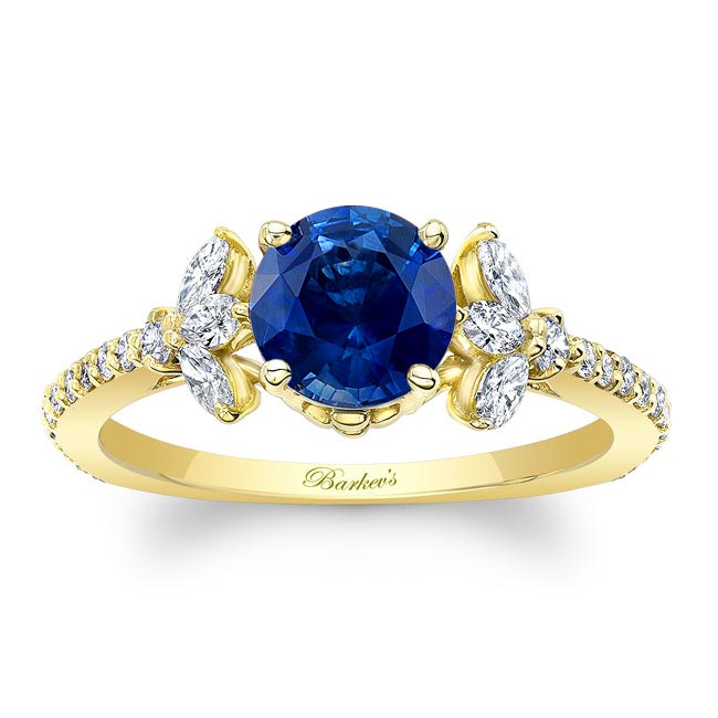 Yellow Gold Blue Sapphire And Diamond Leaf Engagement Ring