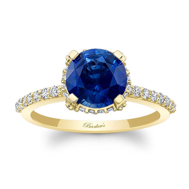 Yellow Gold Blue Sapphire And Diamond Hidden Halo Ring