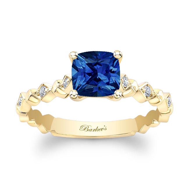 Yellow Gold Art Deco Cushion Sapphire Ring