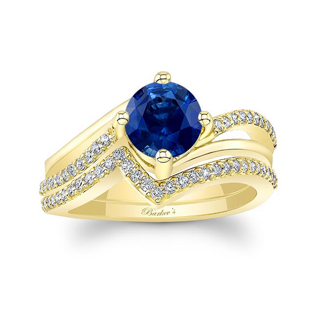 Yellow Gold Blue Sapphire And Diamond Split Shank Wedding Set