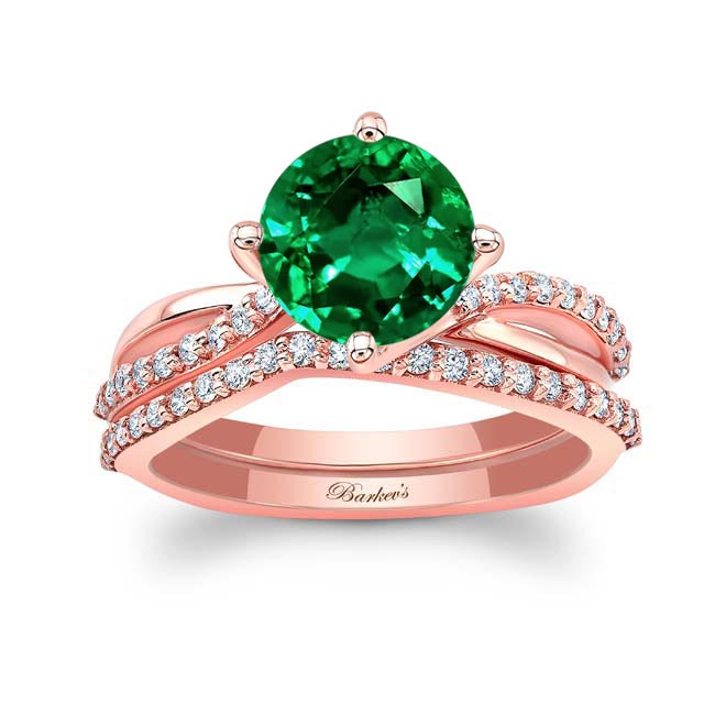 Rose Gold 2 Carat Twisted Lab Grown Emerald And Diamond Bridal Set