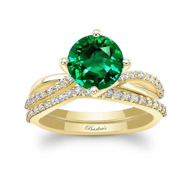 Yellow Gold 2 Carat Twisted Lab Grown Emerald And Diamond Bridal Set