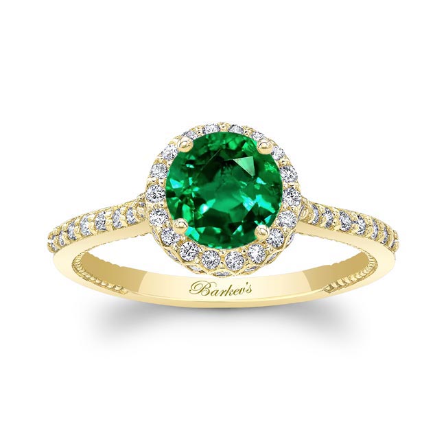 Yellow Gold Round Halo Emerald And Diamond Ring