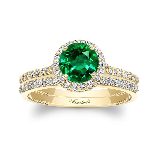 Yellow Gold Round Halo Lab Emerald And Diamond Wedding Set