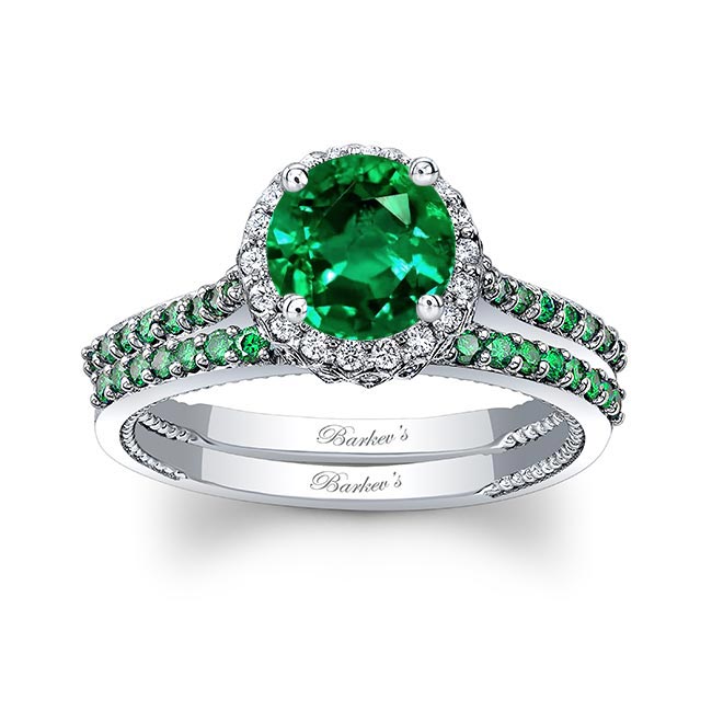 Round Halo Emerald Wedding Set