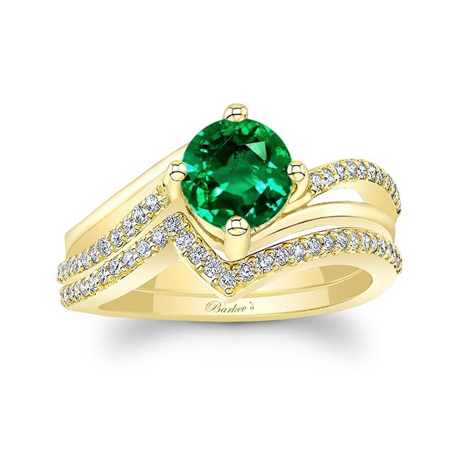 Yellow Gold Lab Emerald And Diamond Split Shank Wedding Set