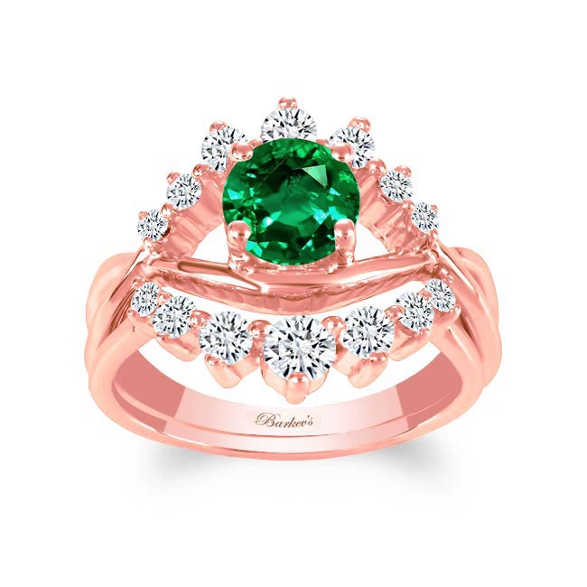 Rose Gold Lab Emerald And Diamond Unique Wedding Set