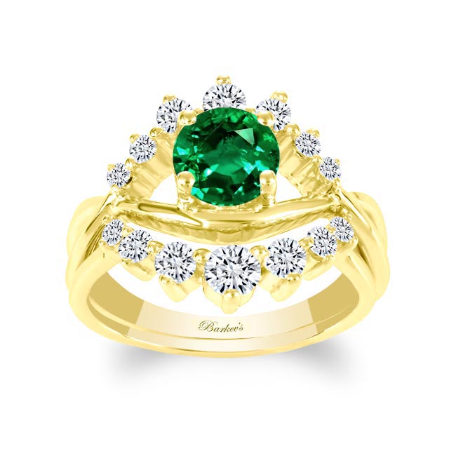 Yellow Gold Emerald And Diamond Unique Wedding Set